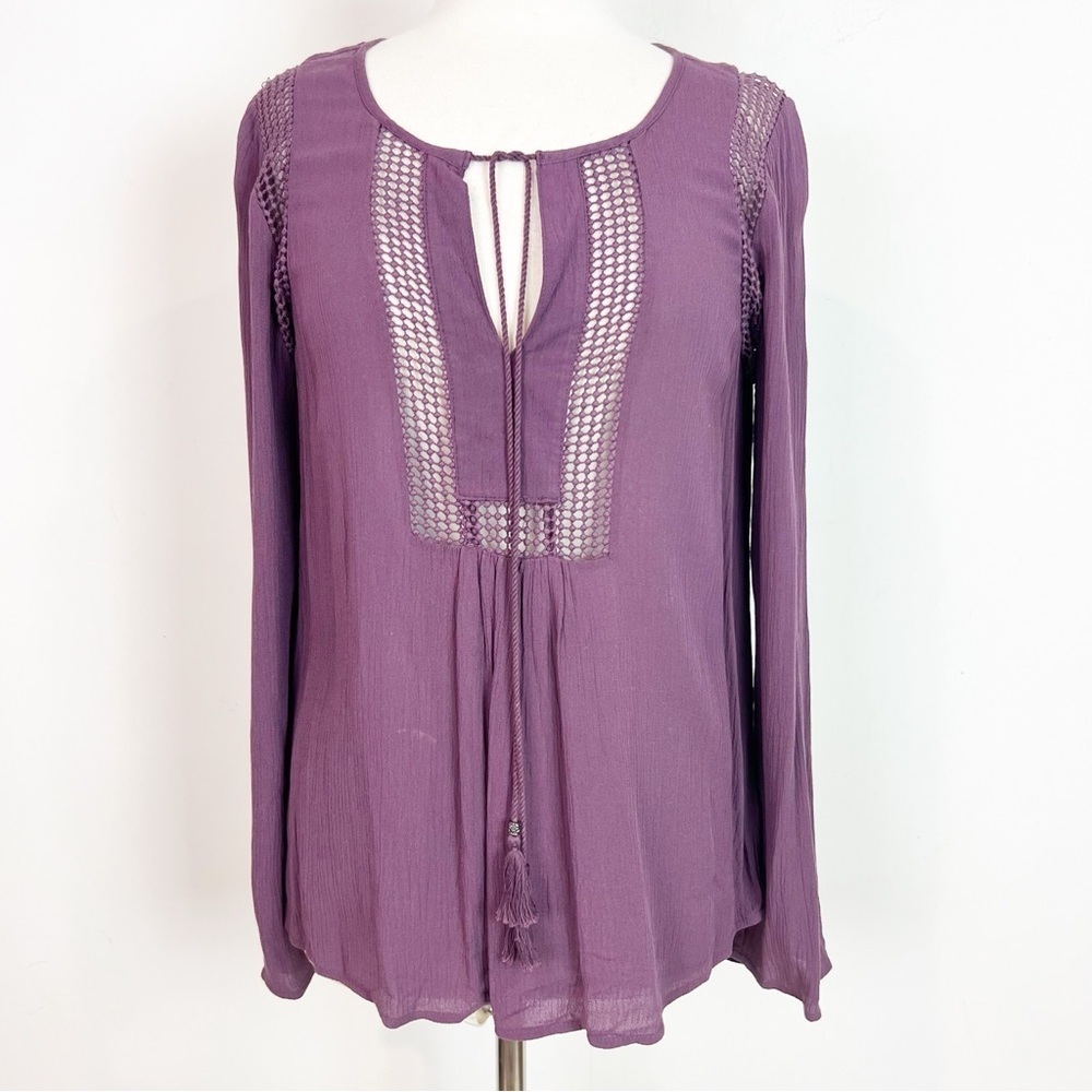 DANIEL RAIN PURPLE LONG SLEEVE TIE NECKLINE BOHO BLOUSE WOMENS PETITE MEDIUM